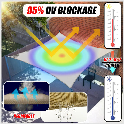 Beige Sun Shade Sail Right Triangle 16ft X 16ft X 22ft With UV Block UPF50 over patio showing UV rays deflection and permeability
