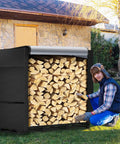 4ft Outdoor Firewood Rack With Waterproof Cover, Heavy Duty Wood Holder, Powder Coated Rack With Hooks in patio setting