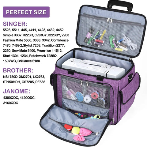 Smooth Rolling Sewing Machine Case With Wheels And Solid Frame Easily Haul Your Craft Gear Across Town As A Comfy Purple Trolley Tote.