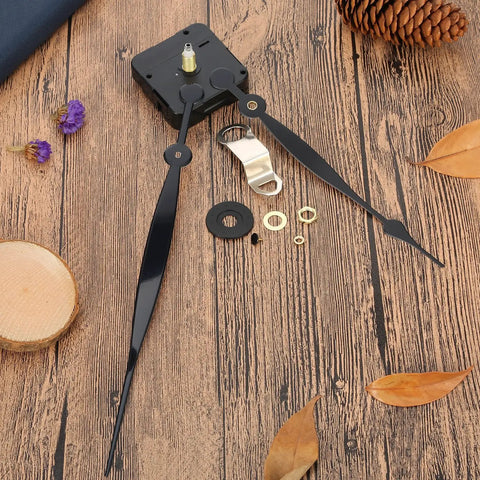 Quartz Clock Movement Replacement Kit With Long Hands And Spade Hanger 208mm displayed on wooden surface with parts visible