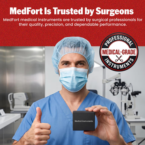 MedFort medical-grade instruments with a surgeon holding a box, showcasing quality and dependability in a surgical environment.