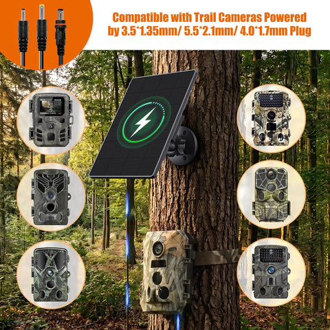 Premium 6W Trail Camera Solar Panel And Portable Battery Charger Kit featuring 6V 9V 12V outputs mounted on a tree with cameras.