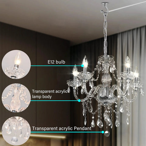 Five Light Crystal Pendant Chandelier With Acrylic Beads, Plug In Pendant Lights, clear cord and E12 bulbs in room setting.
