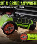 Badass 3 inch Cordless Angle Grinder 16.8V Beast Pulses 19500 RPM For Killer Cuts showing compact 16.8V model with 3-inch sawblade on wood.
