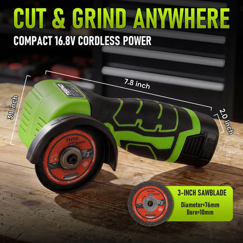 Badass 3 inch Cordless Angle Grinder 16.8V Beast Pulses 19500 RPM For Killer Cuts showing compact 16.8V model with 3-inch sawblade on wood.
