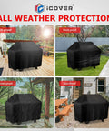 Heavy Duty Outdoor Grill Cover For Backyard BBQ Equipment Built Tough As Nails And Kicks Moisture Down South With Smooth Fit Design For Most Three To Five Burner Gas Grills Measuring Up To Fifty Eight Inches Wide In Sleek Black Color showcased in various weather conditions.