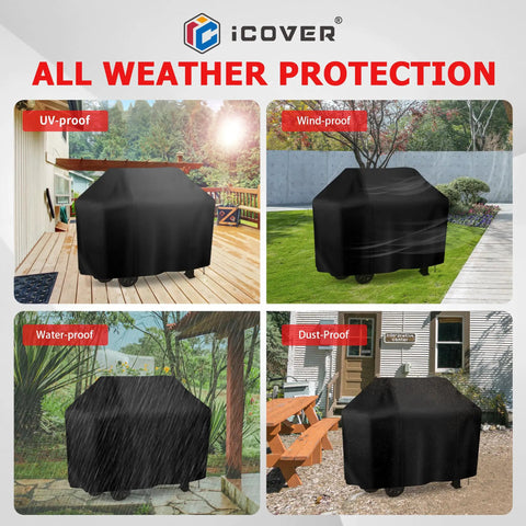 Heavy Duty Outdoor Grill Cover For Backyard BBQ Equipment Built Tough As Nails And Kicks Moisture Down South With Smooth Fit Design For Most Three To Five Burner Gas Grills Measuring Up To Fifty Eight Inches Wide In Sleek Black Color showcased in various weather conditions.