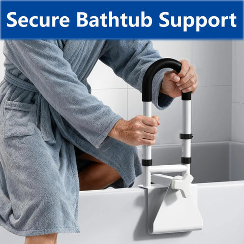 Rock Solid Adjustable Bathtub Safety Rail And Grab Bar Handle With Non Skid Grip For Steady Balance, installed on a bathtub.