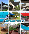Different styles and colors of shade sails on patios and gardens showcasing various uses and installations