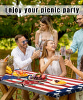 Group enjoying a picnic with Flag Inspired Picnic Table Cover With Bench Covers, Waterproof Elastic Fitted Tablecloth in outdoor setting