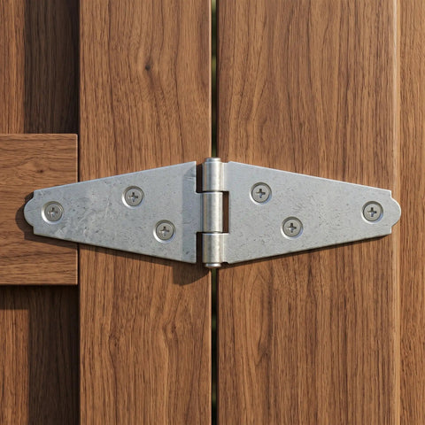 Rock Solid Heavy Duty Folding Door Hinges With Premium Polished Four Inch Iron Strap Construction Six Pack mounted on barn door.