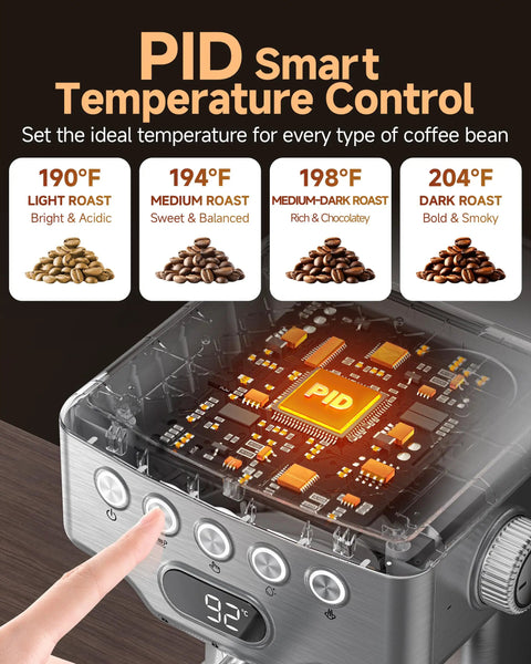 Pro Barista 15 Bar Espresso Machine with PID Smart Temperature Control display for precise brewing adjustments.