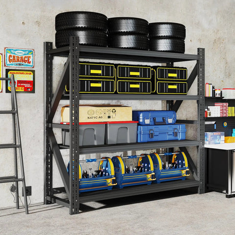 Heavy Duty Steel Shelving Rack With 4 Adjustable Bays Holding 4000 Pounds Capacity Built Like A Tank For Rugged Garage And Workshop Storage Solutions Measuring 69 By 71 By 23 Inches with tools and tires.