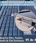 Heavy Hitter Solar Panel Z Bracket Mounts 16 Pack Thick Reinforced Stainless Steel on solar panels, ideal for RV setup and camp life.