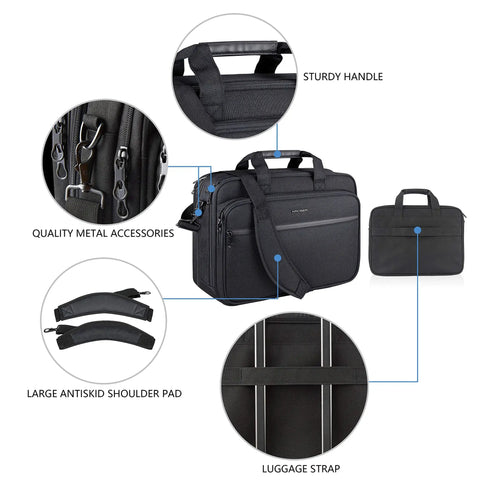 Expandable Water Repellent Laptop Briefcase For 17.3 Inch Laptop With RFID Pockets and padded compartments, shown with sturdy handle, metal accessories, and shoulder pad.