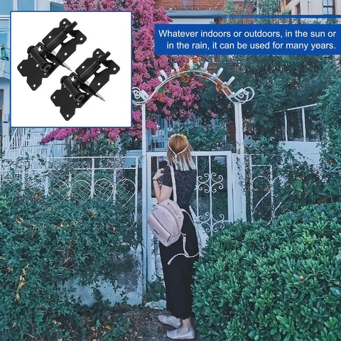 Rock Solid Stainless Steel Gate Hinges 2 Pack For Barn Doors And Wooden Fences, displayed outdoors near a garden gate.