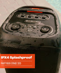Top view of Stage 320 Portable Party Speaker With Telescopic Handle And Wide Wheels For Dope Portable Vibes showing splashproof controls.