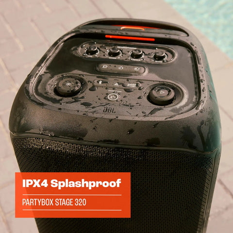 Top view of Stage 320 Portable Party Speaker With Telescopic Handle And Wide Wheels For Dope Portable Vibes showing splashproof controls.