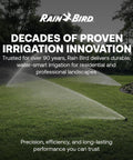 Rain Bird irrigation system in landscape displaying proven performance and innovation in sprinkler technology, green lawn scene.