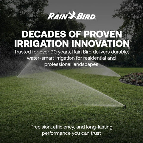 Rain Bird irrigation system in landscape displaying proven performance and innovation in sprinkler technology, green lawn scene.