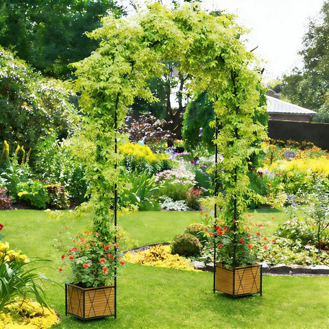 Heavy Duty Metal Garden Arch Trellis With Dual Planter Boxes For Climbing Plants In The Yard covered with green vines