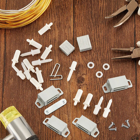 Spring Loaded Plantation Shutter Pins And Heavy Duty Magnets Complete 125 Piece Repair Kit With Screws For Windows Doors laid out on wooden surface.