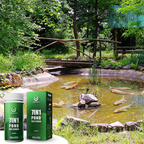 Super Slick 7-in-1 Pond Test Strips Easy-Peezy Water Quality Check for Fish Ponds with green packaging near pond and koi fish.