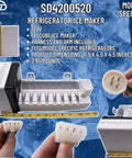 Model Specific Refrigerator Ice Maker Replacement 120V 8 Cube Ice Maker With Harness And Arm Included Fits Specific Refrigerator Models Not Universal Direct Fit on blue background with measurements visible