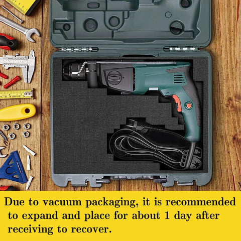 Eight Piece Premium Polyurethane Foam Sheets Featuring Cuttable Design For Custom Case Padding Heavy Duty Storage And Shock Absorbing Protection No Fuss Top Shelf Quality with tool box and drill.