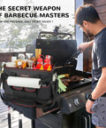 Person using Large Grill Caddy With Hard Bottom And Paper Towel Holder All In One Outdoor BBQ Utensil Organizer For Blackstone Griddle