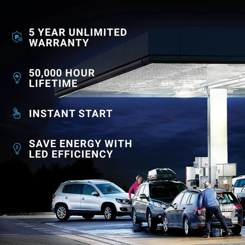 LED Canopy Light 150W 0-10V Dimmable 100-277V IP65 Waterproof ETL Listed 5700K Daylight illuminating gas station at night