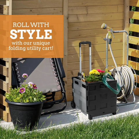 Rock Solid Slim Rolling Utility Cart, Collapsible Space Saving Storage Rack With Telescopic Handle, Hella Durable Fifty Pound Load, No Hassle Flat Fold Mechanism For Home And Workshop, Grey, filled with plants in a garden setting.