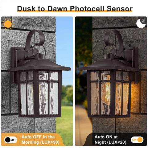 Two Pack Brown Dusk To Dawn Outdoor Wall Lights Built Tough With Cross Grid Panels And Warm Water Ripple Glass Porch Lanterns.