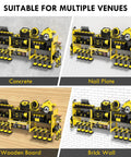 Four wall mount setups of Power Tool Organizer Wall Mount With Locking Drawers, Grinder Holder, and Built In Six AC Outlets.