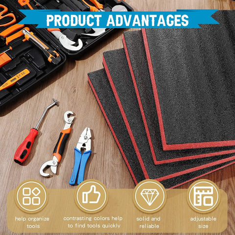 Kickass Polyethylene Foam Case Inserts 16 By 12 Inch Red Black sheets arranged with tools, demonstrating tool organization.