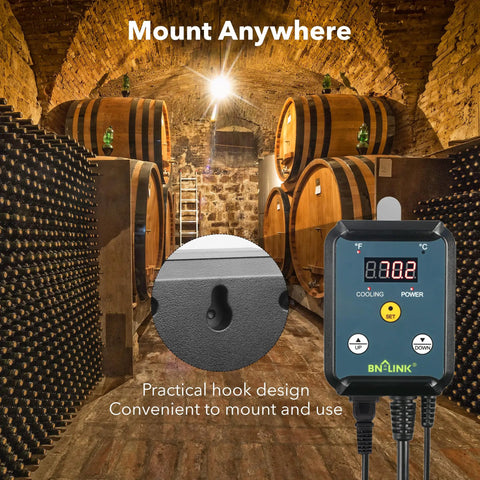 Digital Cooling Thermostat Controller With Temperature Controlled Outlet for Attic Fans and Exhaust Fans mounted on wall