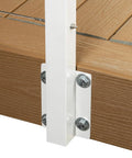 Easy As Pie Cable Railing Kit For Decks Featuring Marine Grade Stainless Steel Cables Plus Pre Drilled Posts And All Necessary Hardware Included For Quick Face Mount Setup In Clean White, close-up of post mount.