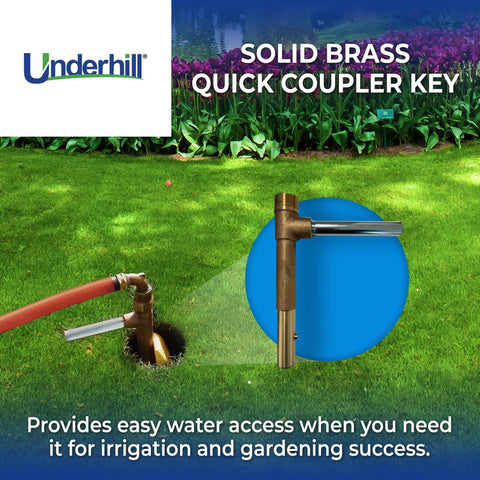 Quick Coupler Key Tool For Coupler Valve 1 Inch MPT To 3 Quarter Inch FPT Outlet Solid Brass Sprinkler Irrigation System Accessory For Easy Water Access And Garden Safety QK100 shown in lawn setup with hose connection.