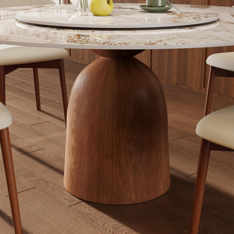 53 Inch Round Dining Table With Smooth Rotating Lazy Susan And Solid Hourglass Base Delivers A Clean Marble Look Top crafted detail of base.