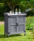 Mobile Outdoor Potting Bench Table With Castors On Wheels Solid Wood Workstation And Large Storage Cabinet Durable Metal Top Garden Station Gray