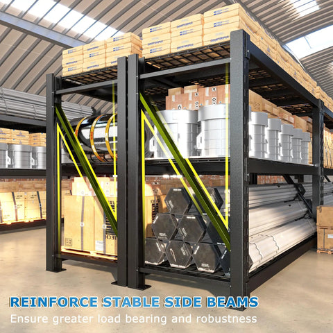 Rock Solid Industrial Storage Shelves 2 Pack 8250 Pound Capacity Heavy Duty 3 Tier Adjustable Metal Rack displaying reinforced side beams and storage.