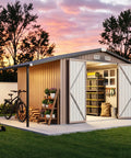 8x12 Ft Outdoor Metal Shed Built Tough For Everyday Yard Gear With Open Firewood Bay And Lockable Doors, side view at sunset