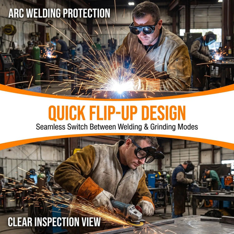 Heavy Duty Black Welding Safety Glasses With Dual Layer Lens To Block Bright Arc Light And Keep Eyes Comfortable For All Day Shop Grind Built Like Iron For Tough Fabrication Jobs And Solid Impact Protection worn by a man welding with sparks flying.