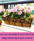 Two Pack 16 Inch Rectangular Metal Wall Planters For Outdoor Plants, Balcony Rail Garden Baskets With Coco Liners on railing