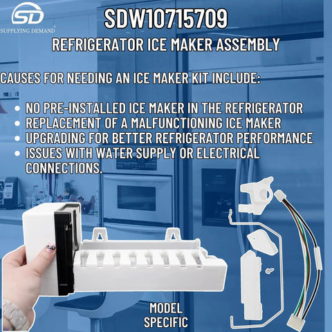 Refrigerator Ice Maker Assembly Replacement Kit For Top Mount Models displayed with installation components and packaging.