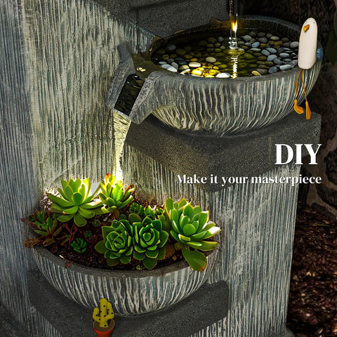 Close-up of Four Tier Outdoor Water Fountain With LED Lights, 33.5 Inch Tall Resin Cascading Bowls with succulents
