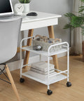 Sturdy White Two Tier Metal Rolling Utility Cart With Smooth Swivel Casters And Reinforced Steel Trays For Tight Quarters And Busy Desks in home office.