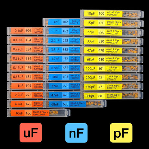 Top Shelf 900 Piece Multilayer Ceramic Capacitor Workhorse Assortment Kit organized in clear drawers with labeled values.
