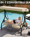 Three Seat Outdoor Porch Swing with Adjustable Canopy and Stand by pool, woman reclining with book, cup holder tray visible