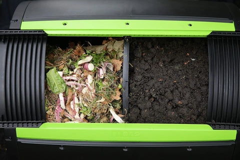 Two Stage Compost Tumbler For Easy Outdoor Yard Composting Large Eight Point Six Nine Cubic Feet Capacity Rust And Corrosion Resistant Metal And Plastic Construction With Aeration Holes Black And Green Finish Outdoor Use Only Easy Assembly showing compost and waste separation